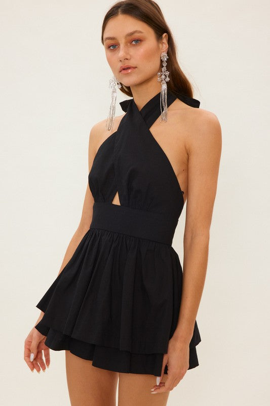 CROSS HALTER TIERED ROMPER