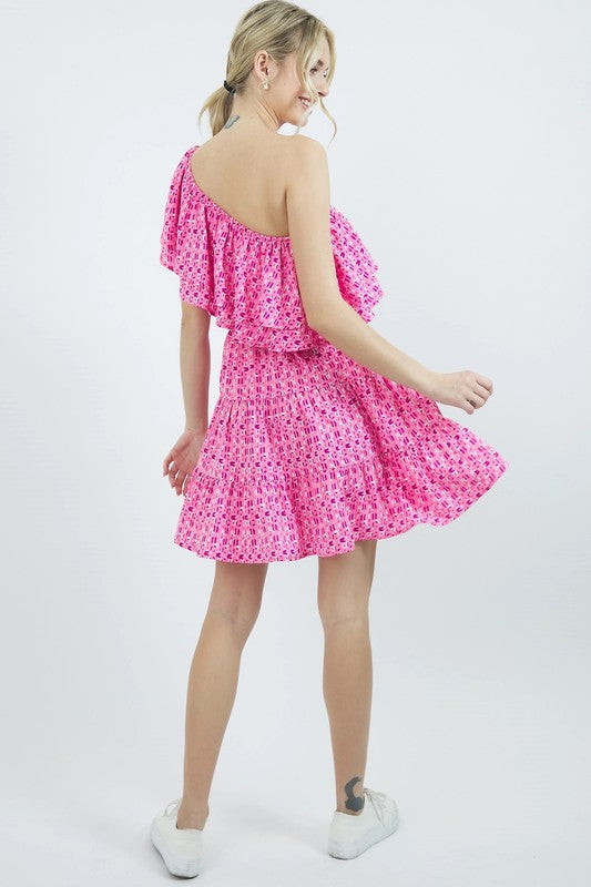 ONE SHOULDER DOUBLE RUFFLED DRESS