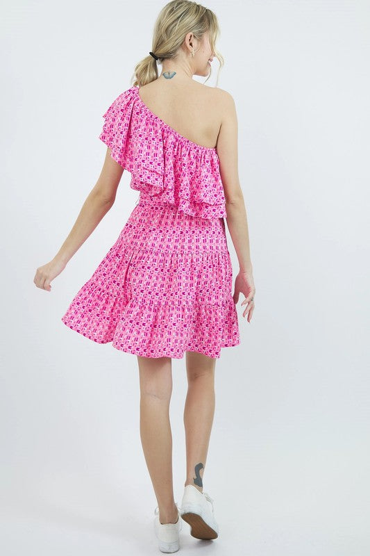 ONE SHOULDER DOUBLE RUFFLED DRESS