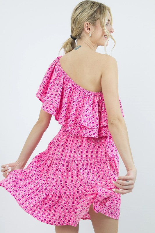 ONE SHOULDER DOUBLE RUFFLED DRESS