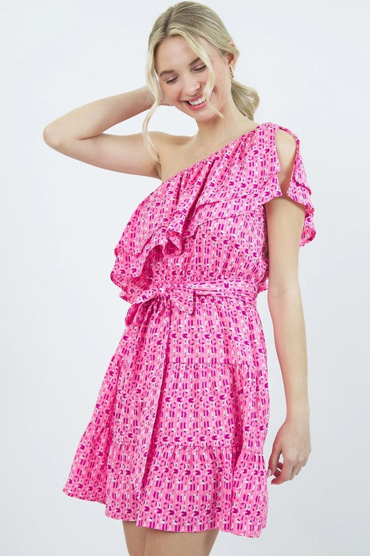 ONE SHOULDER DOUBLE RUFFLED DRESS