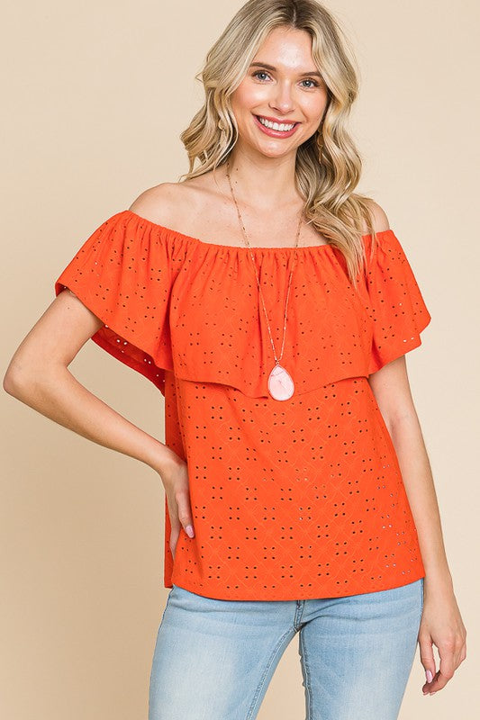 OFF SHOULDER RUFFLE EYELET TOP