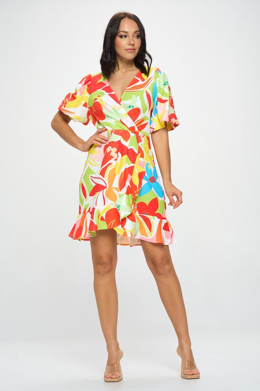 BUBBLE SLEEVE PRINT DRESS