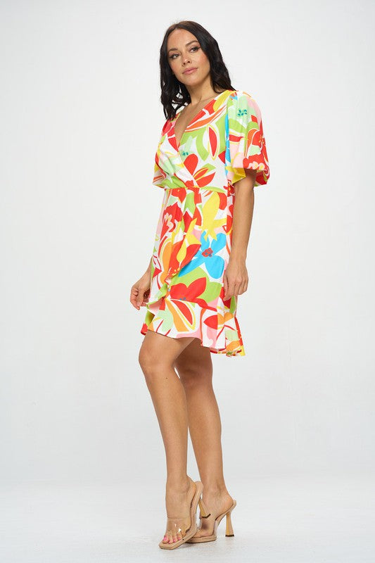 BUBBLE SLEEVE PRINT DRESS