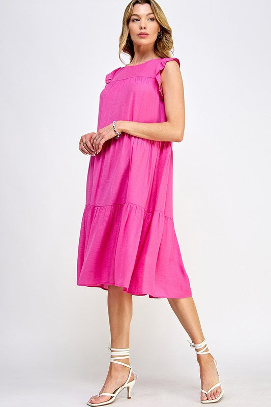 HOT PINK TIERED MIDI DRESS