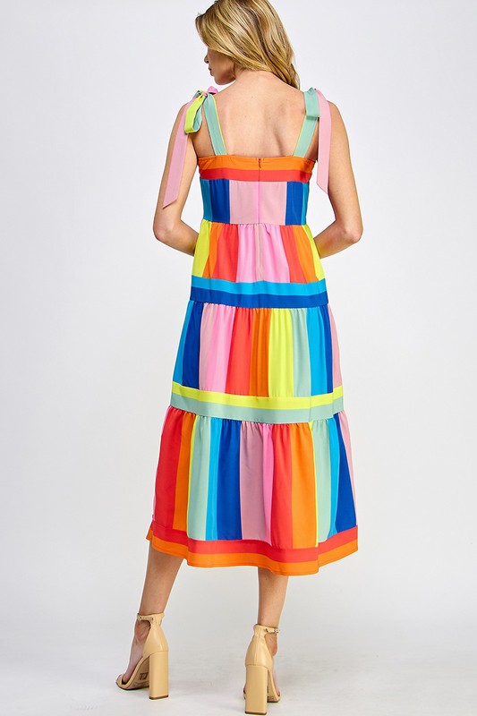 MULTICOLORED STRIPE PRINT MIDI DRESS