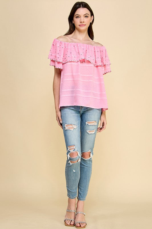 OFF SHOULDER RUFFLE TOP WITH RHINESTONES AND PEARLS