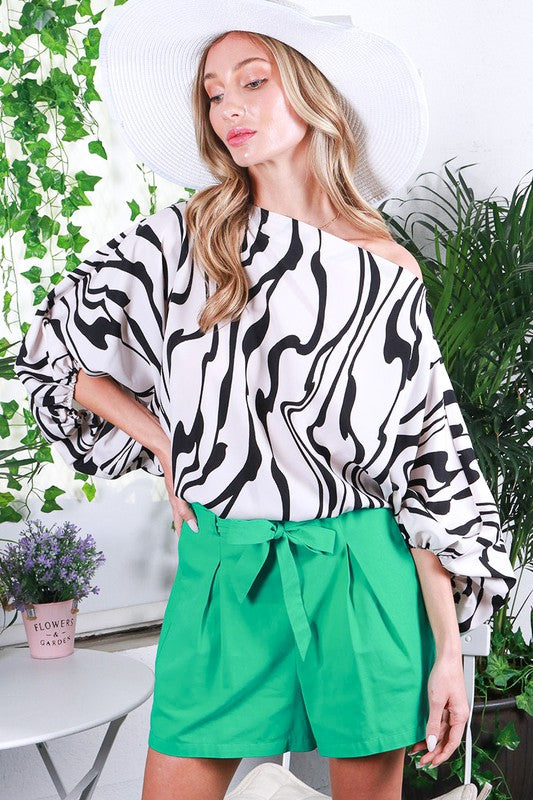 DOLMAN SLEEVE MARBLE PRINTED SATIN TOP