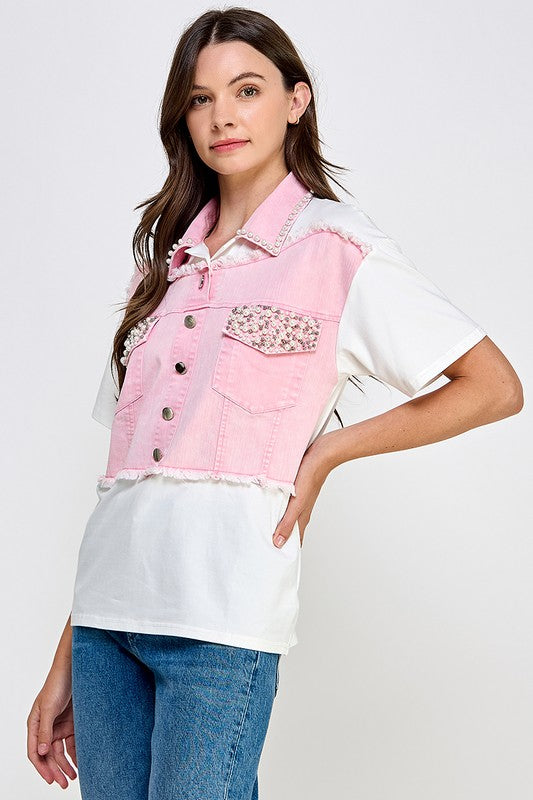 DENIM COLOR BLOCK WITH PEARLS AND RHINESTONES