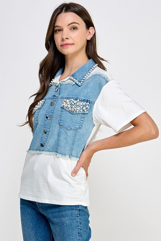 DENIM COLOR BLOCK WITH PEARLS AND RHINESTONES
