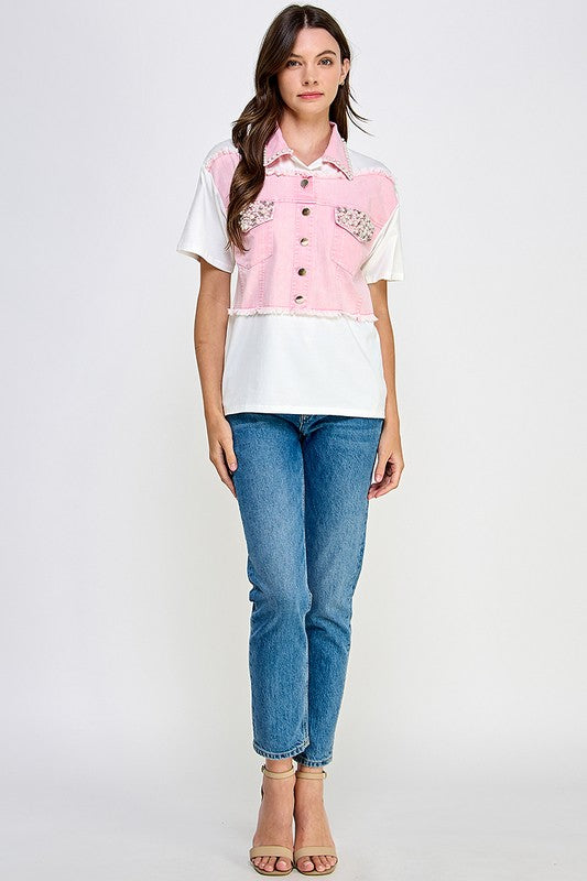 DENIM COLOR BLOCK WITH PEARLS AND RHINESTONES
