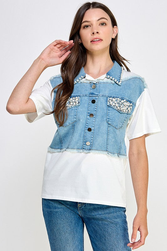 DENIM COLOR BLOCK WITH PEARLS AND RHINESTONES