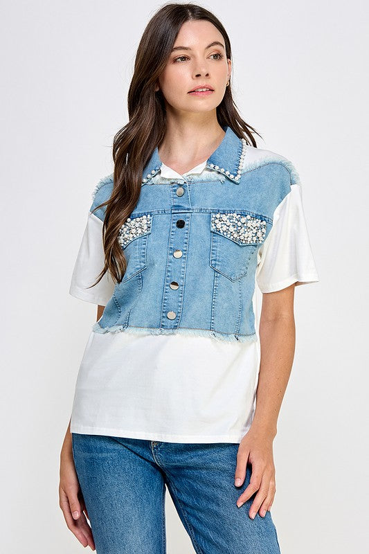 DENIM COLOR BLOCK WITH PEARLS AND RHINESTONES