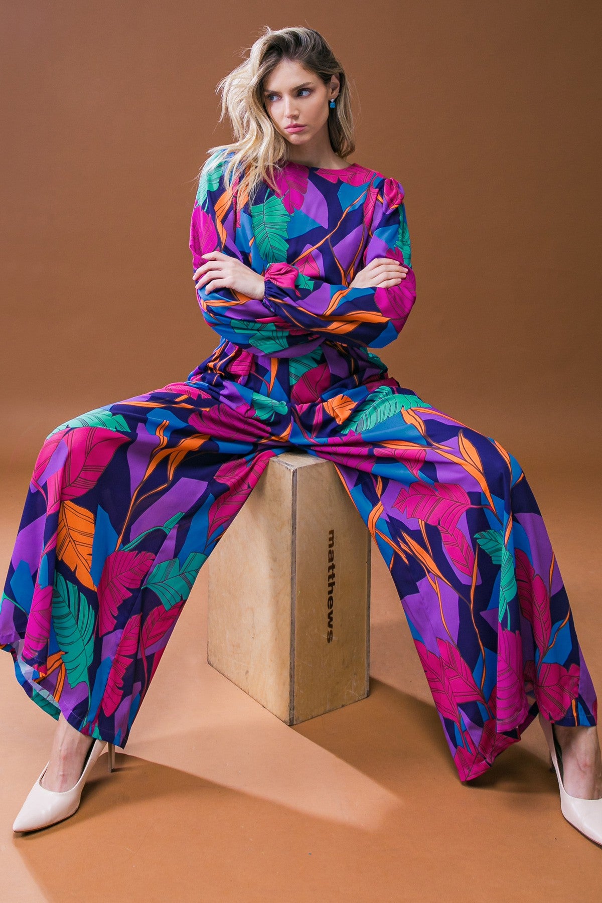 ROUND NECK PRINTED WIDE LEG JUMPSUIT