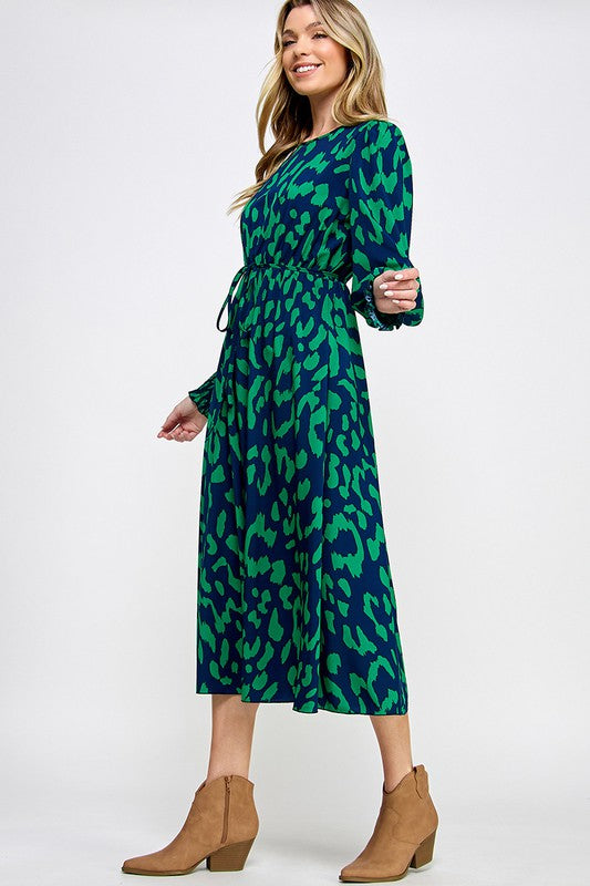 SMOCK CUFF LONG SLEEVE PRINTED MIDI DRESS