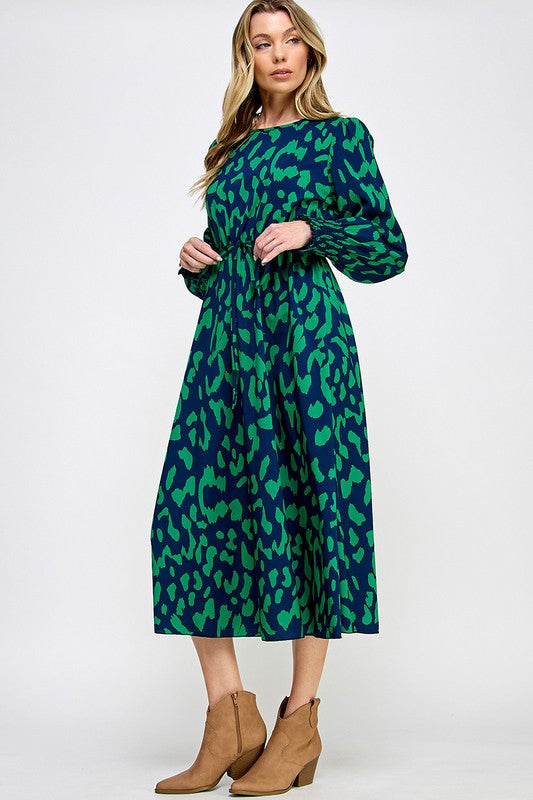 SMOCK CUFF LONG SLEEVE PRINTED MIDI DRESS