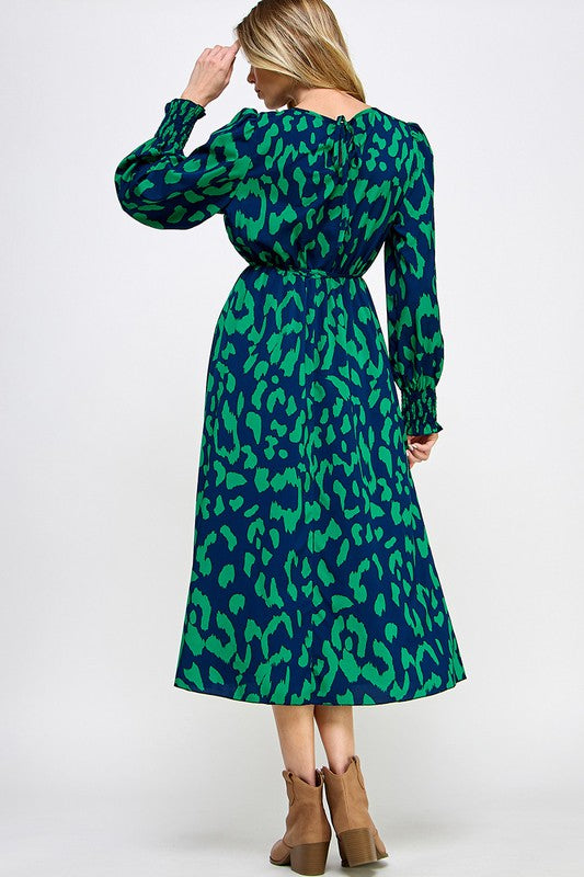 SMOCK CUFF LONG SLEEVE PRINTED MIDI DRESS