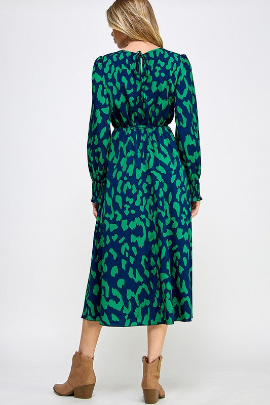 SMOCK CUFF LONG SLEEVE PRINTED MIDI DRESS