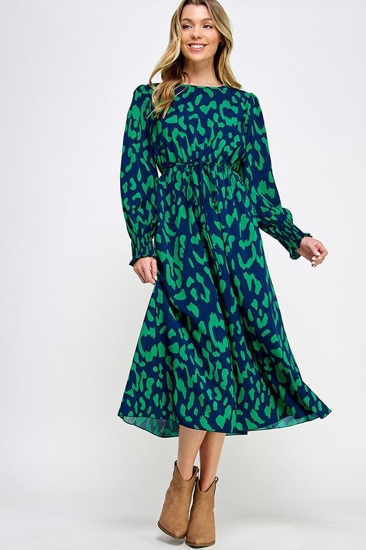 SMOCK CUFF LONG SLEEVE PRINTED MIDI DRESS
