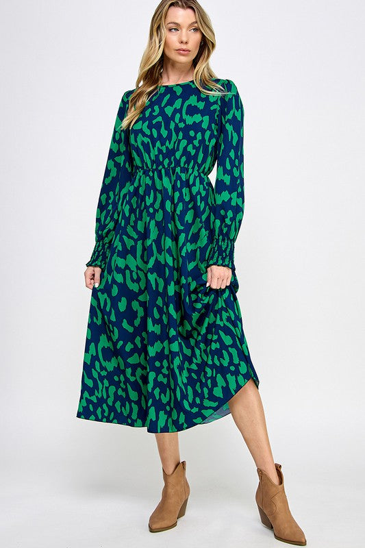 SMOCK CUFF LONG SLEEVE PRINTED MIDI DRESS