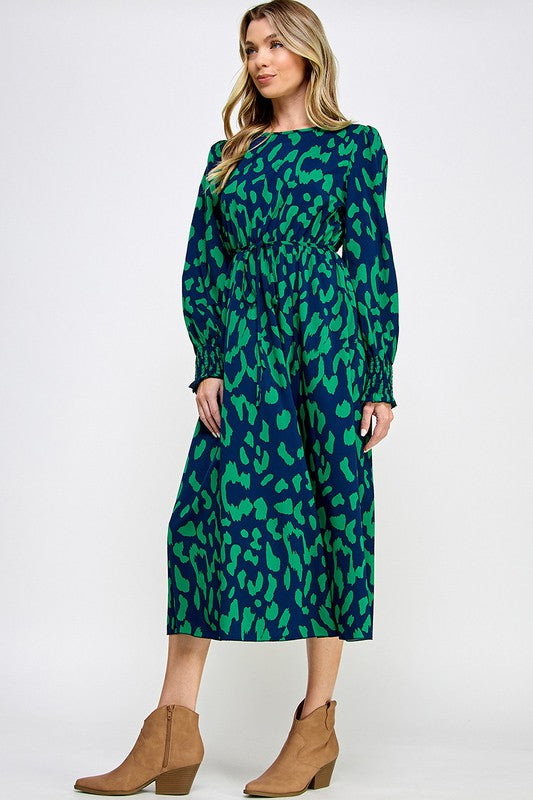SMOCK CUFF LONG SLEEVE PRINTED MIDI DRESS