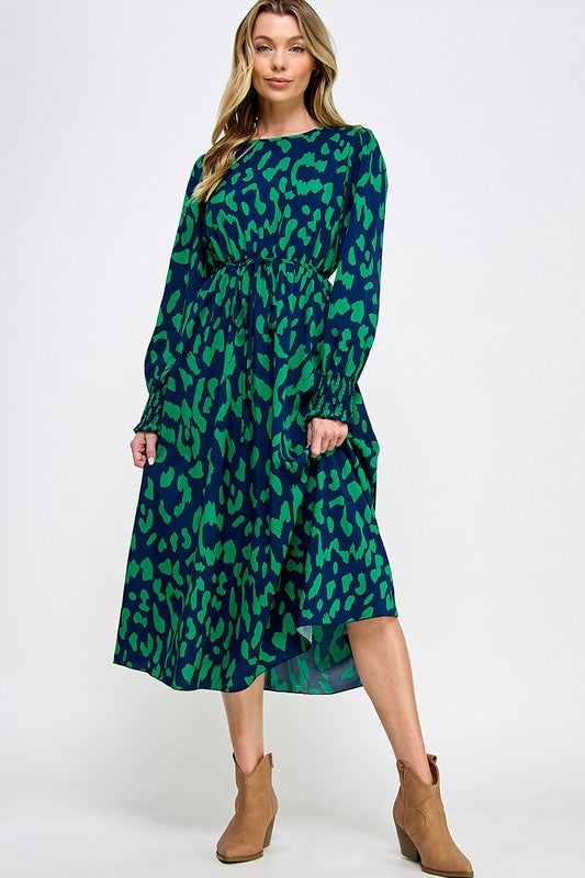 SMOCK CUFF LONG SLEEVE PRINTED MIDI DRESS