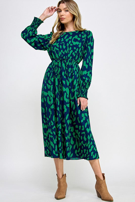 SMOCK CUFF LONG SLEEVE PRINTED MIDI DRESS