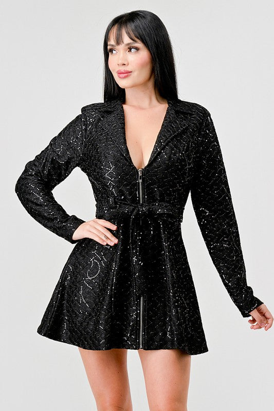 SEQUINS ZIPUP WAIST TIE DRESS JACKET