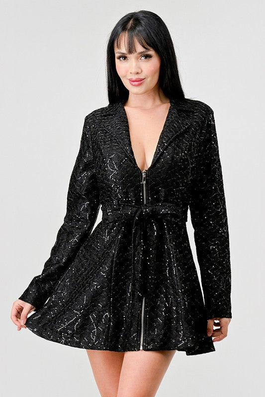 SEQUINS ZIPUP WAIST TIE DRESS JACKET