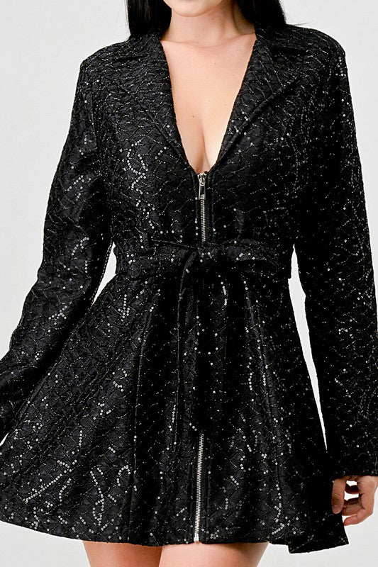 SEQUINS ZIPUP WAIST TIE DRESS JACKET