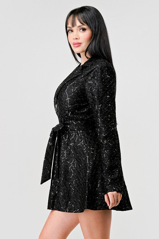 SEQUINS ZIPUP WAIST TIE DRESS JACKET