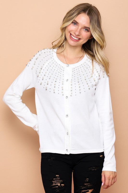 BUTTON DOWN FINE KNIT CARDIGAN WITH JEWEL DETAIL