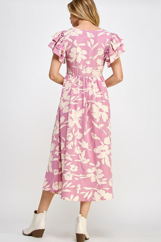 PINK FLORAL V NECK MIDI DRESS