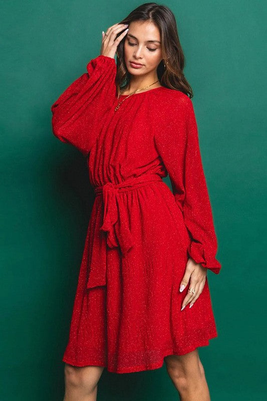 SHIMMERY PUFF SLEEVE TIE WAIST DRESS