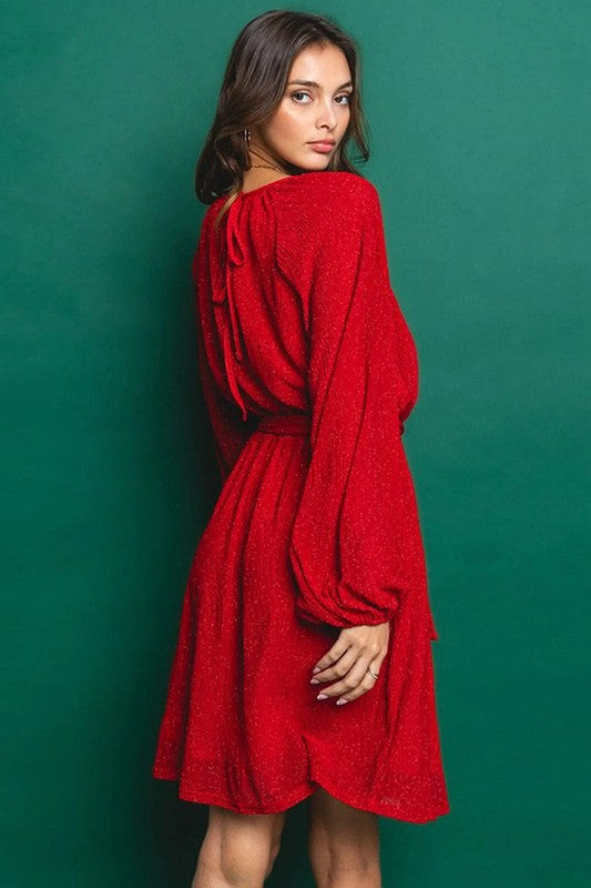 SHIMMERY PUFF SLEEVE TIE WAIST DRESS