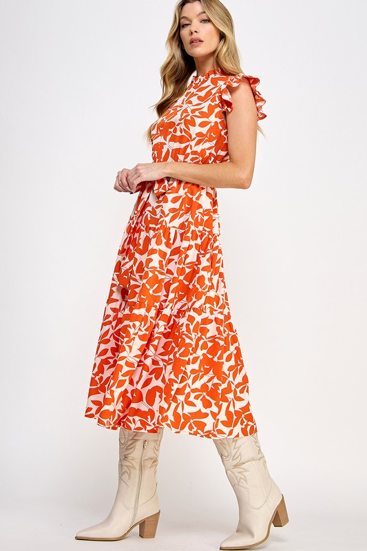 Allover Flower Print Ruffle Sleeves Belted Dress