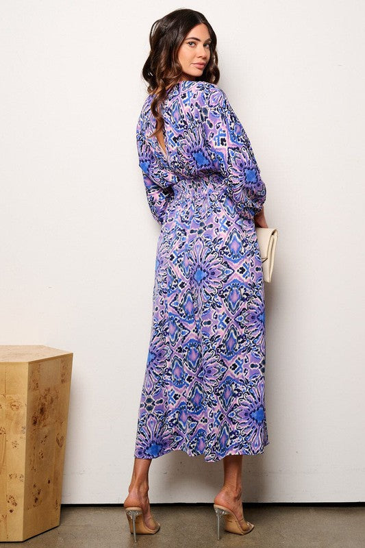 PRINTED V NECK SMOCKED WAIST MAXI DRESS