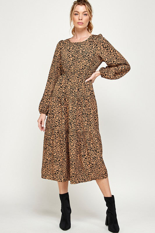 ANIMAL PRINT TIERED MIDI DRESS