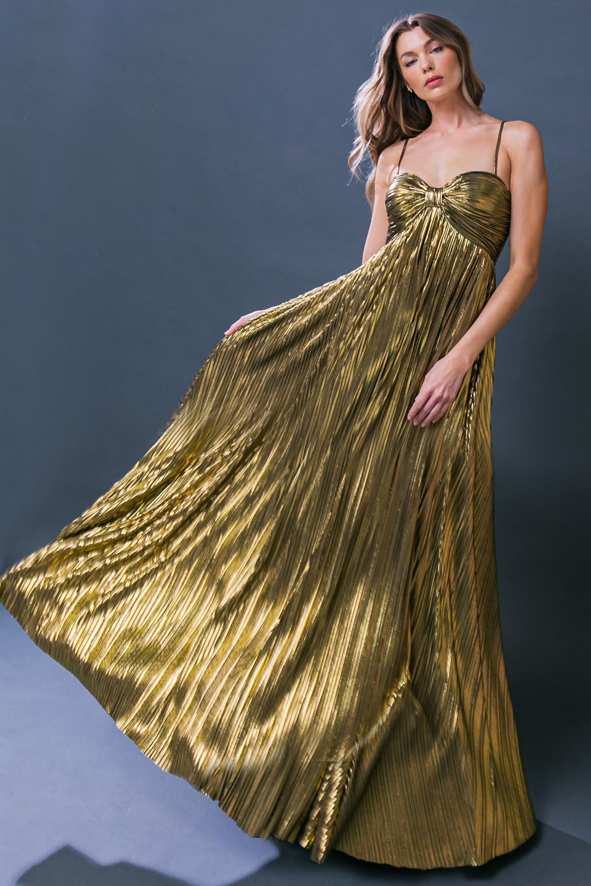 meredith gold foil maxi dress self-portrait - Gold Metallic Tie Neck Maxi Dress