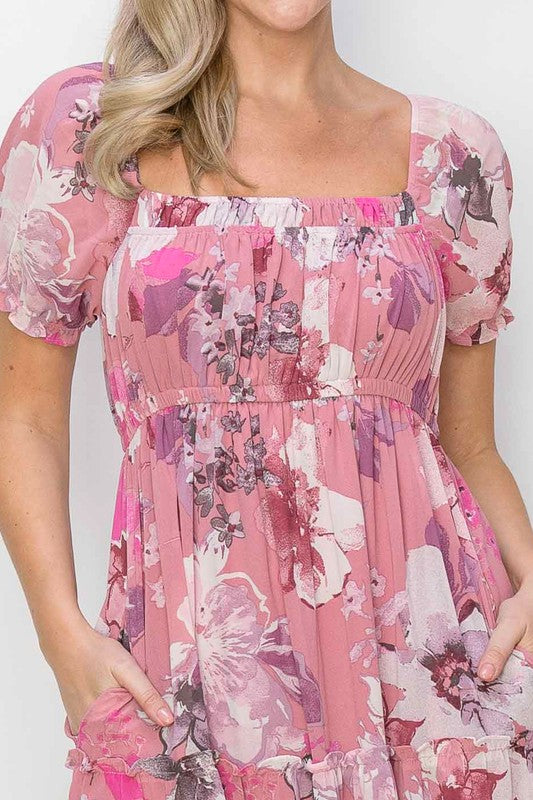 PRINT CHIFFON PEASANT MIDI DRESS