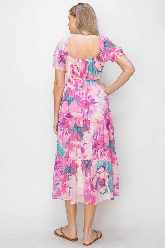 FLORAL PRINT CHIFFON PEASANT MIDI DRESS