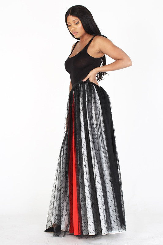 MESH ELASTIC WAIST MAXI SKIRT