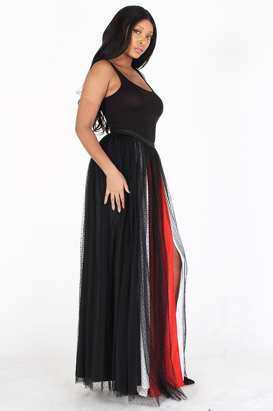 MESH ELASTIC WAIST MAXI SKIRT