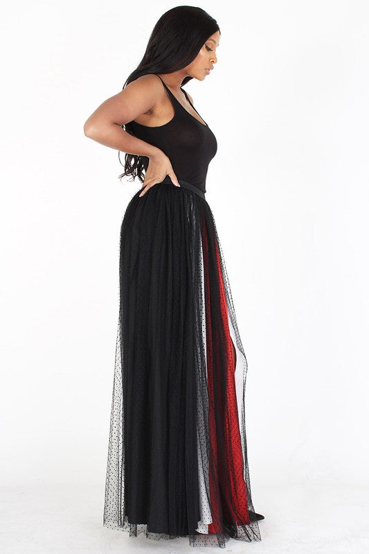 MESH ELASTIC WAIST MAXI SKIRT