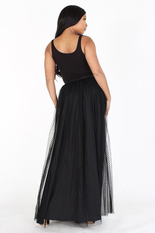 MESH ELASTIC WAIST MAXI SKIRT