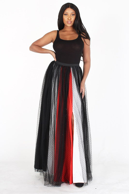 MESH ELASTIC WAIST MAXI SKIRT