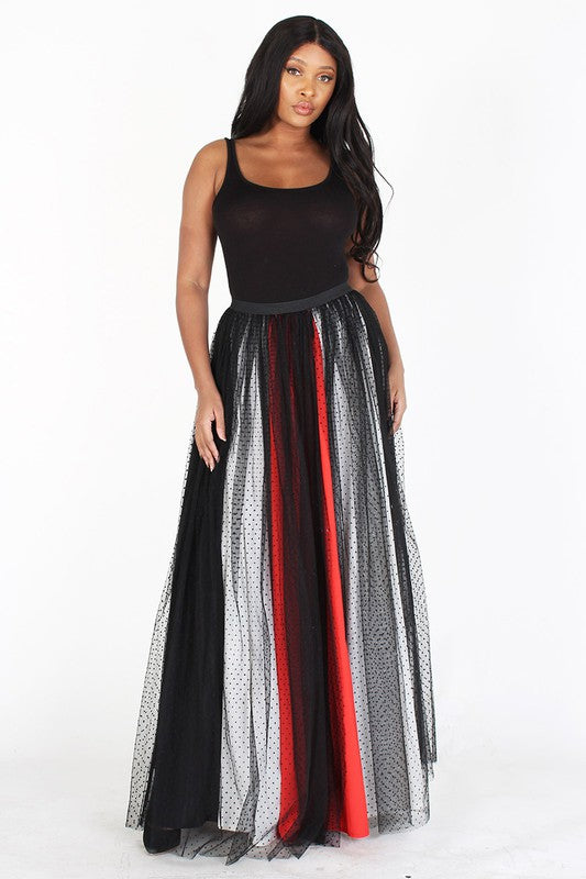 MESH ELASTIC WAIST MAXI SKIRT