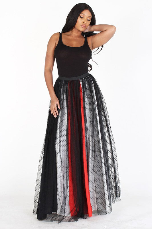 MESH ELASTIC WAIST MAXI SKIRT