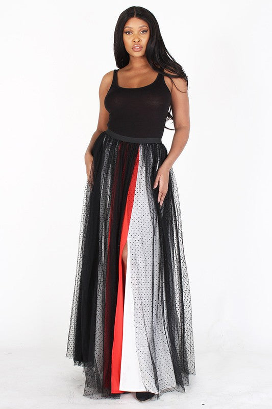 MESH ELASTIC WAIST MAXI SKIRT