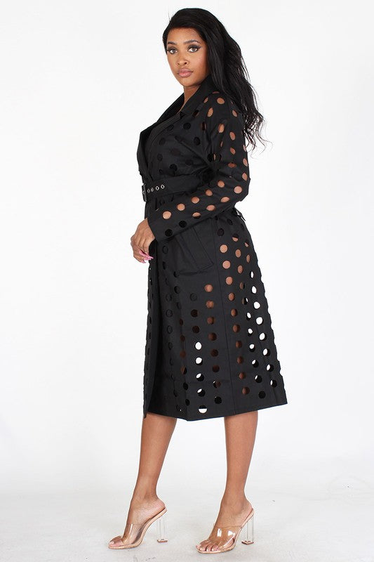 PERFORATED LONG COVER UP WITH CINCH BELT